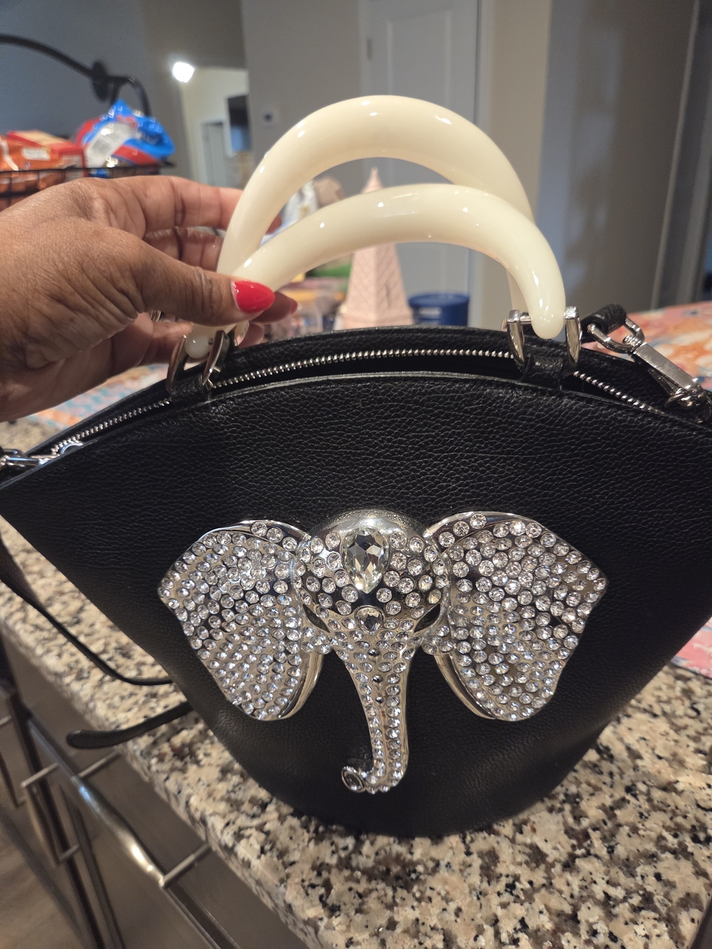 Sassy Jones Black Women’s Top-Handle Bag with Crystal Elephant Accent